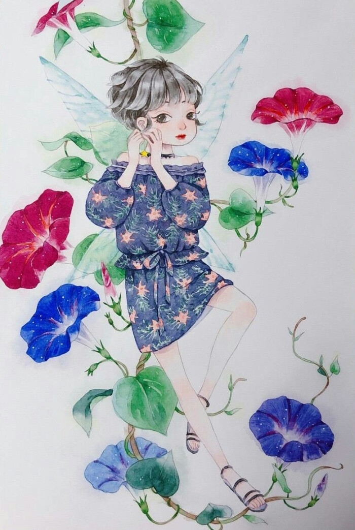 spring girl温柔色调#森眠子水彩教程# #森系少女# (作者:@森眠子 )