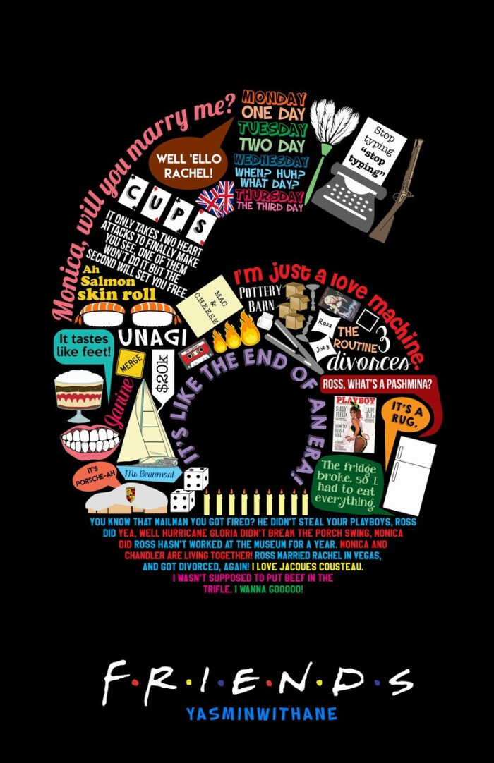她绘制了10幅拼贴画海报,从1~10的数字以纪念十季《老友记》.