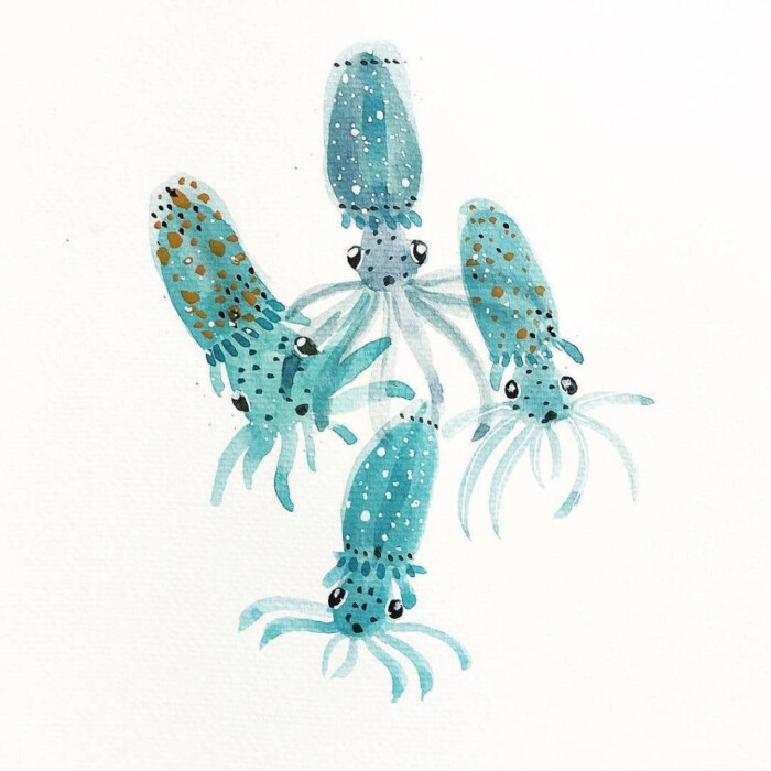 清透梦幻的水彩海洋生物