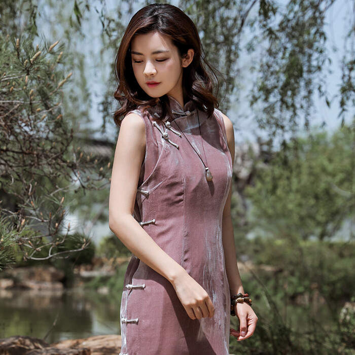 bxj原创设计/云旅*真丝绒优雅修身传统无袖旗袍连衣裙秋