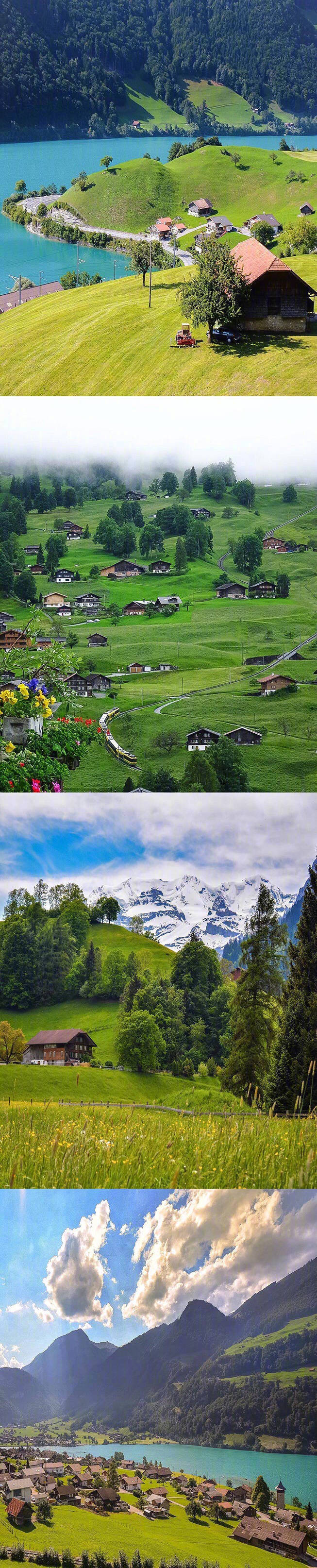 蓝天白云,青山绿水,如同风景画一般的瑞士美景