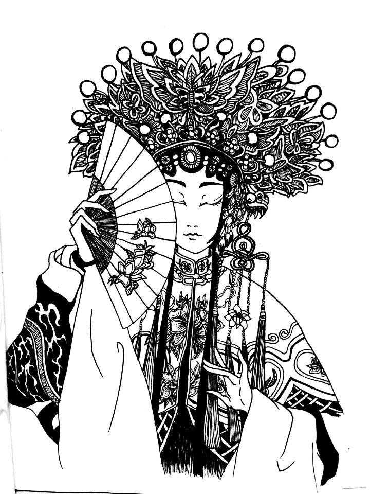 京剧花旦手绘黑白图片