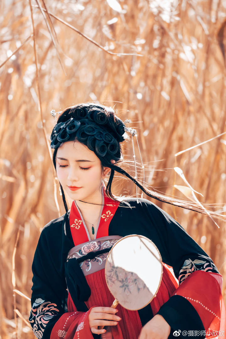 绛唇未染裴袖舞,眉黛卧雪青丝霜.