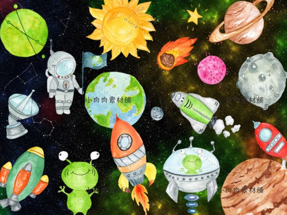 卡通儿童手绘宇航员外星人小怪兽火箭星球png图片素材png357