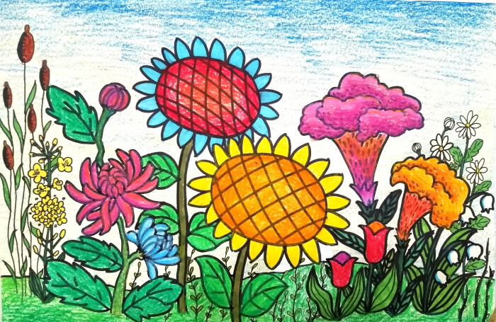 花园简笔画彩色花草图片