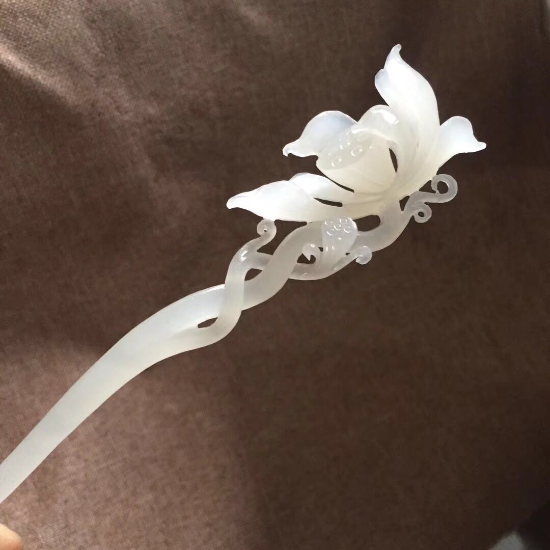 天然正品新疆和田玉青海料藕粉荷花发簪发钗古风盘发旗袍汉服配饰