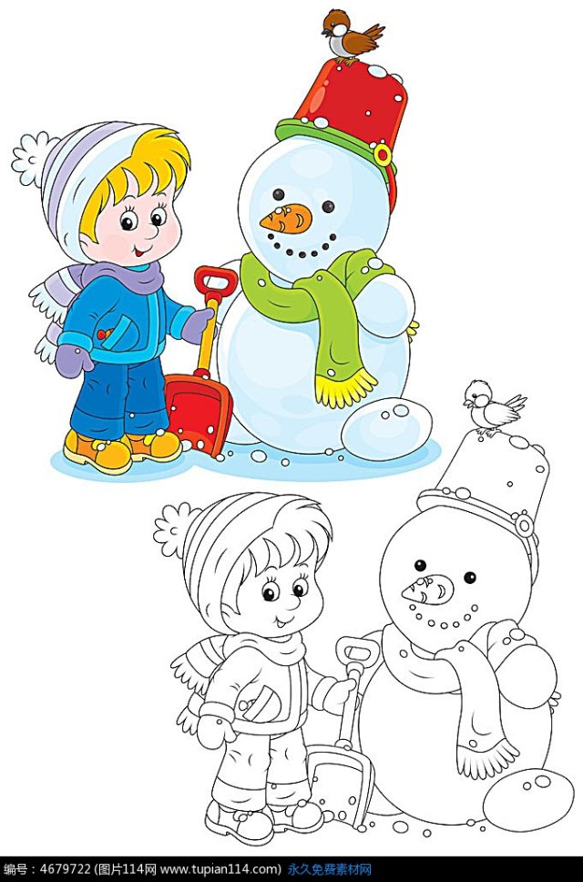 儿童堆雪人简笔画彩色图片
