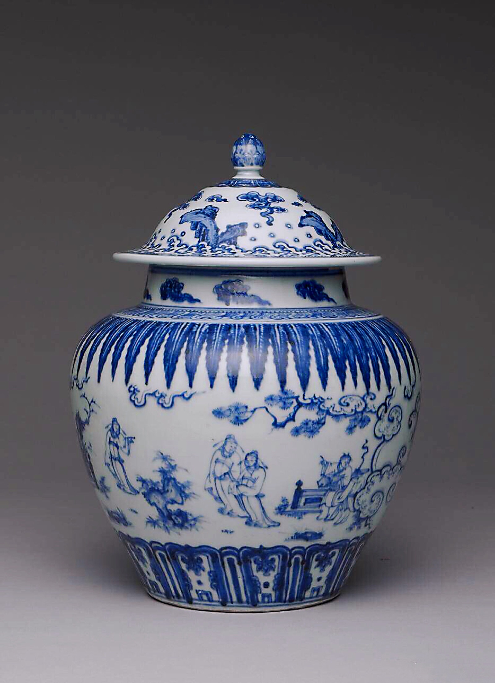 明 青花人物盖罐