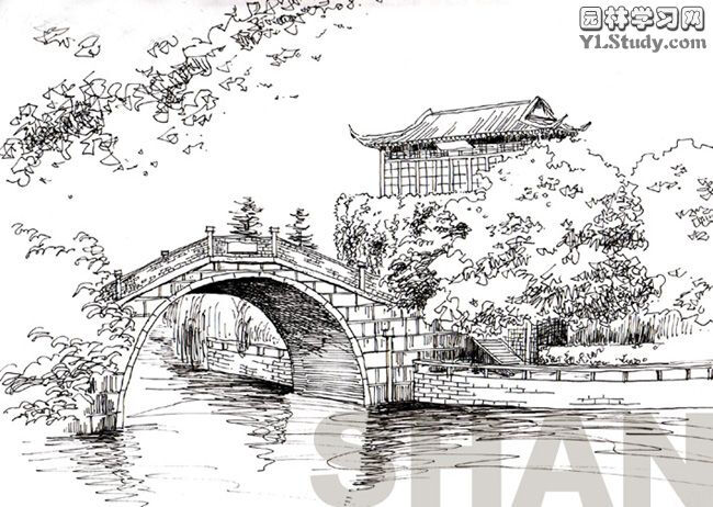 中国园林画简单图片