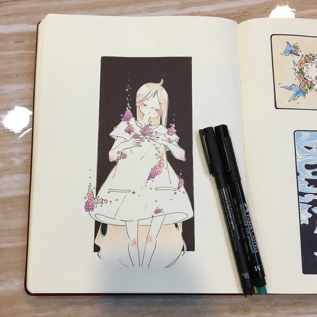 水彩 针管笔 手绘 人物细腻意境精致唯美笔记本上的绘画日本女孩:ik