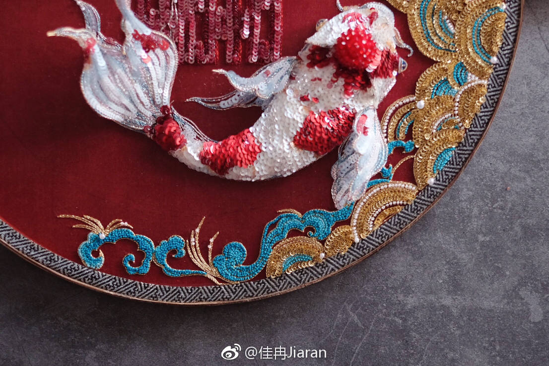 法式刺绣 中式锦鲤喜扇