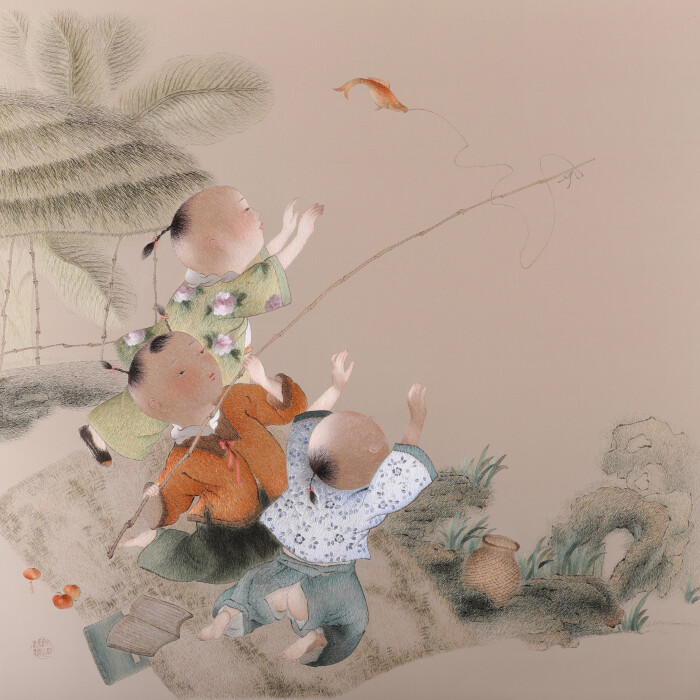 三个天真无邪的童子嬉戏,小溪边一个童子挑着鱼竿,另外两个童子怎是为