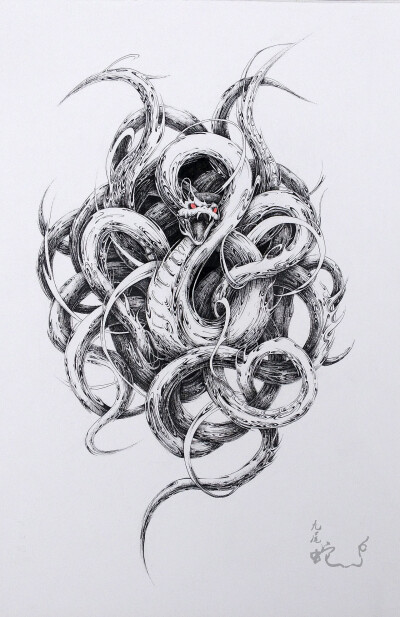 九尾蛇:灵池耀月 八尾高举,引得残阳嗜血 ,且游且翔 ,妄吞六合 何惜