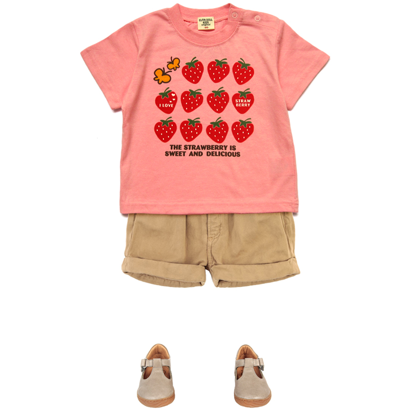 日本原单外贸 童装儿童女童 全棉质粉红色 草莓 短款短袖t恤