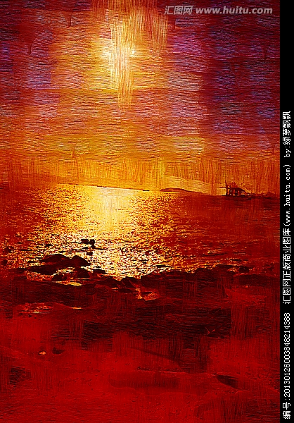 海景夕阳 风景油画