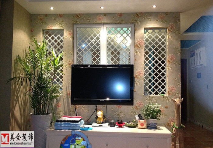 田园风格70平米小户型镂空电视背景墙装修效