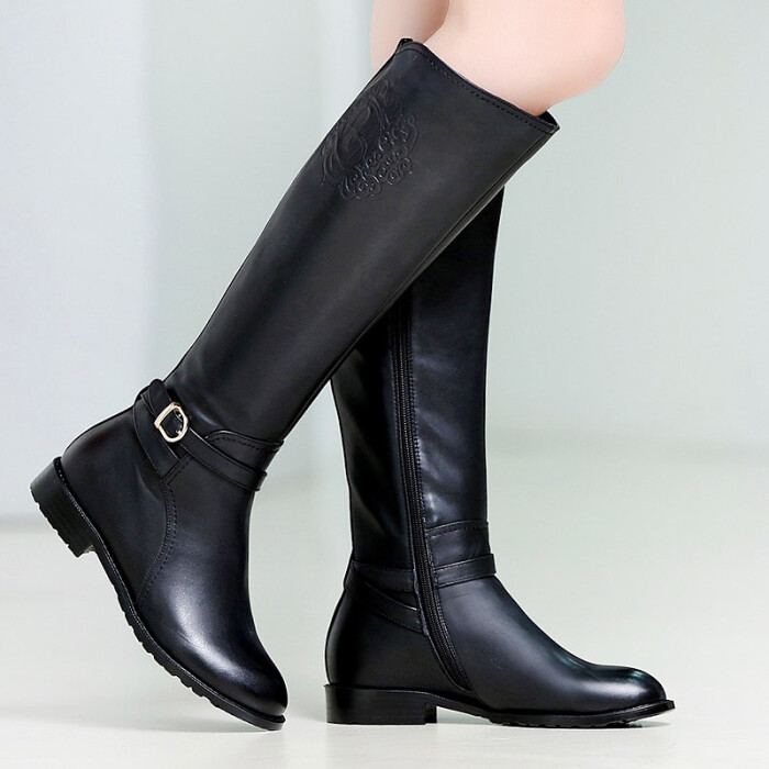 2013秋冬新款欧美女式靴子粗跟高筒靴真皮低跟骑士靴皮带扣圆头鞋
