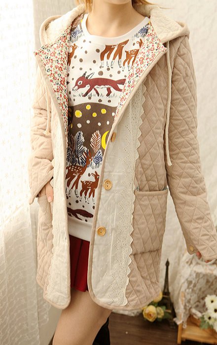 wawa日单森林系森女系圆点中长款棉衣棉服外套特