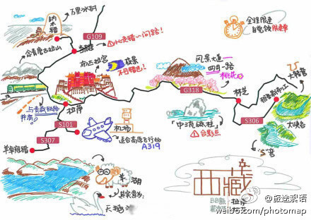一个女孩去西 藏旅行之后手绘的路线图