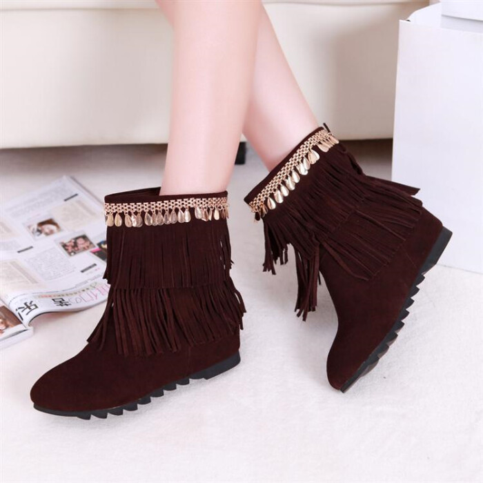 若米妮波西米亚民族风格舒适平跟内增高鞋 冬季流苏靴 圆头短靴子