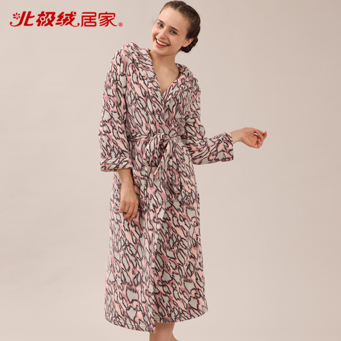 北极绒专柜正品秋冬款女式珊瑚绒豹纹睡衣保暖