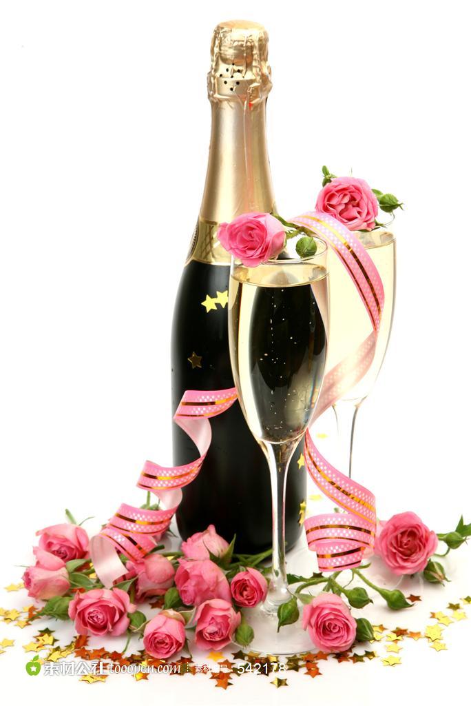 玫瑰花丝带和香槟酒高清摄影桌面壁纸图片素材