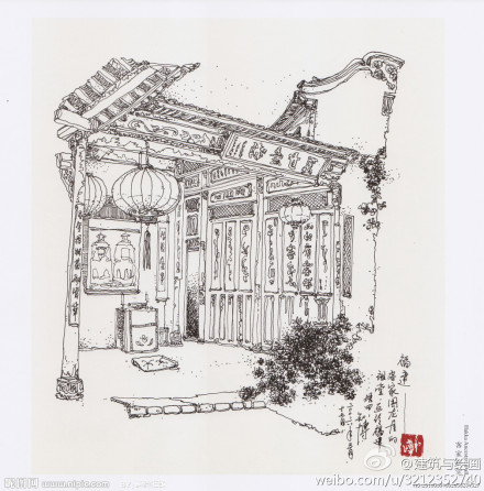 【建筑速写】近乎于白描,靠线条疏密,和留白控制关系,落款和小字很提