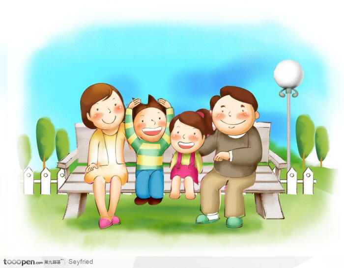 手绘家庭插画-坐在公园长椅上幸福的一家人