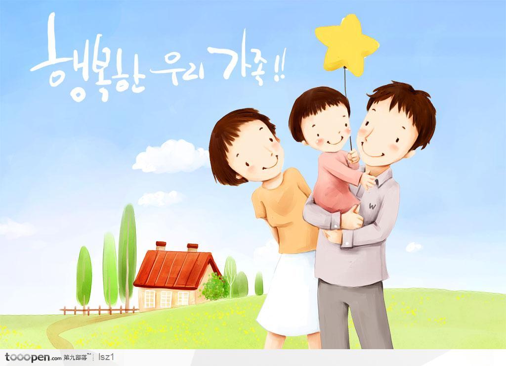 父母小孩气球韩国手绘插画摄影背景桌面壁纸图片素材
