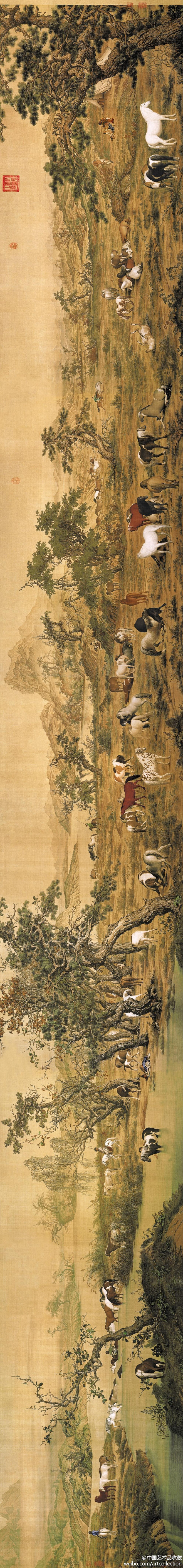 【清 郎世宁 《百骏图》 】卷,绢本,94.5×776.