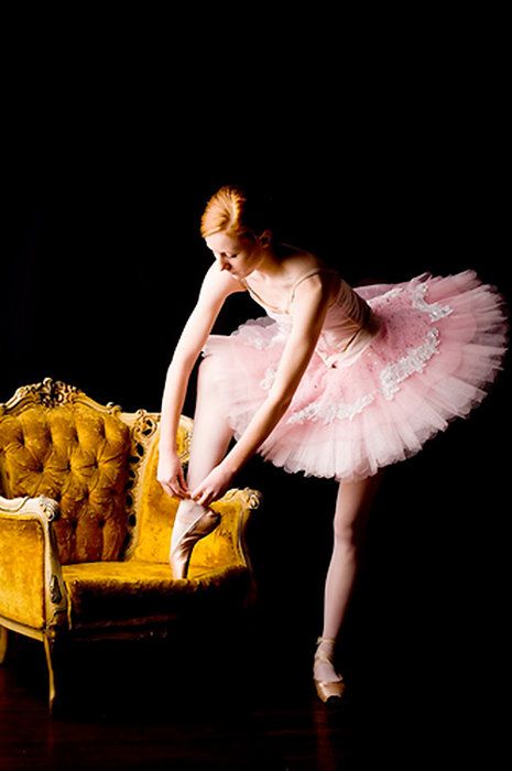 csebastian: ballerina, ballet, pink tutu, golden yellow chair