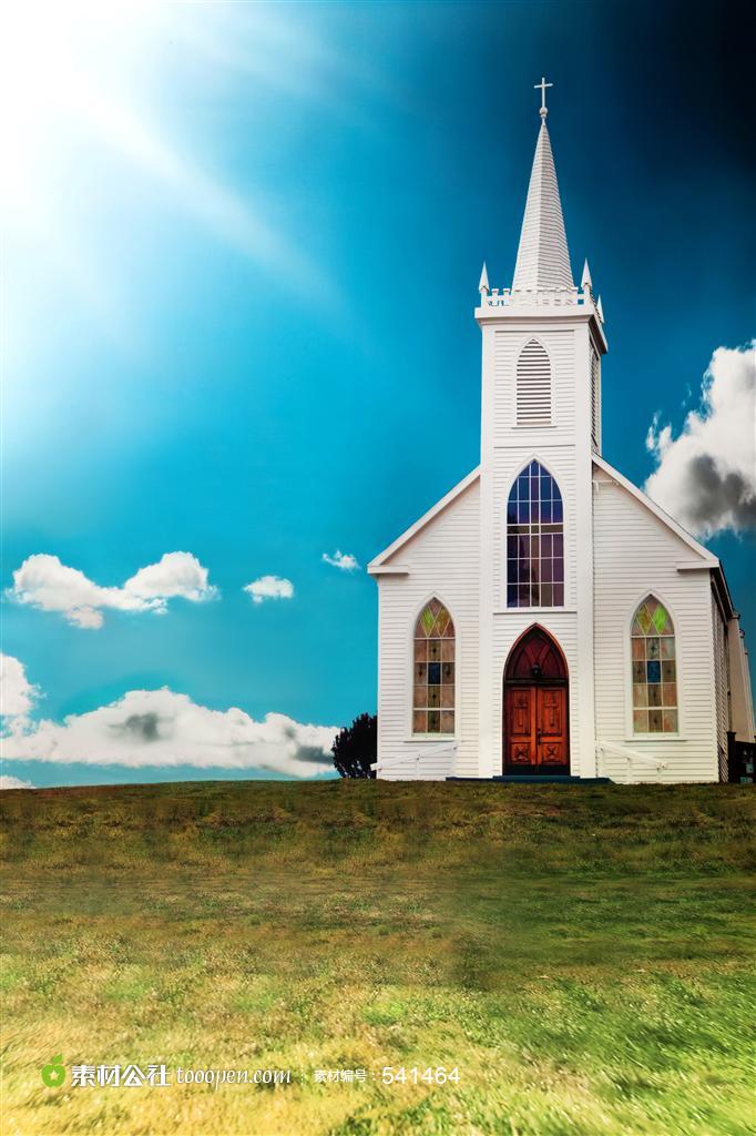 草原上的白色教堂高清图片素材