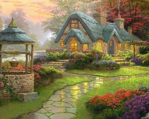 乡村小屋唯美插画图片