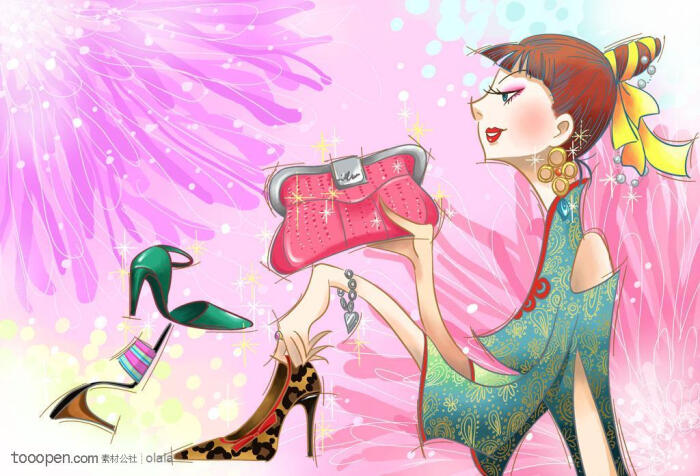 手绘坐在地上的夸张潮流美女人物插画
