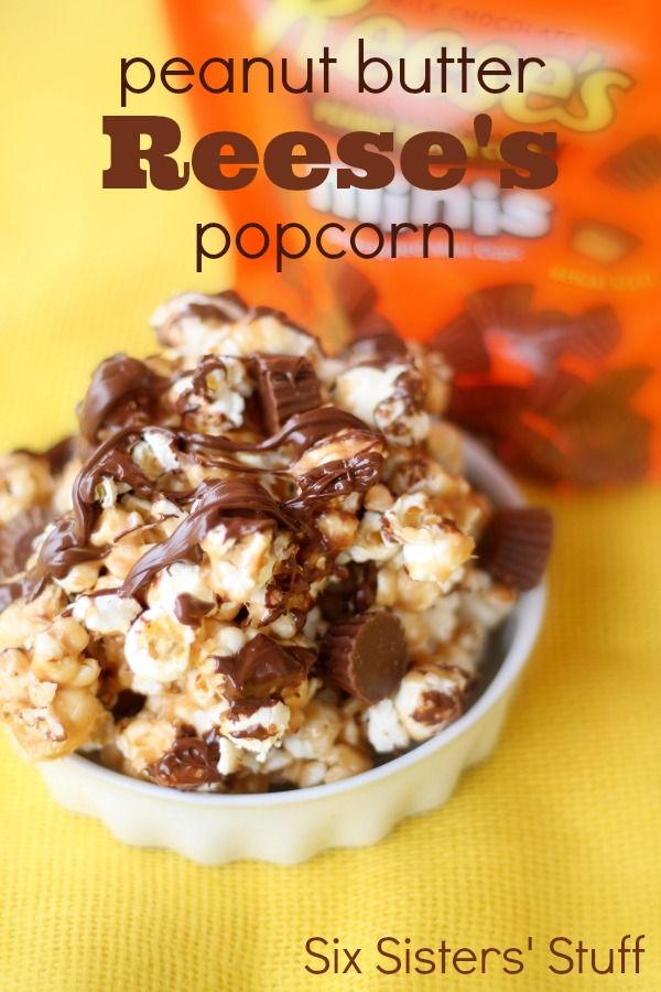 peanut butter reese"s popcorn recipe from sixsistersstuff.com.