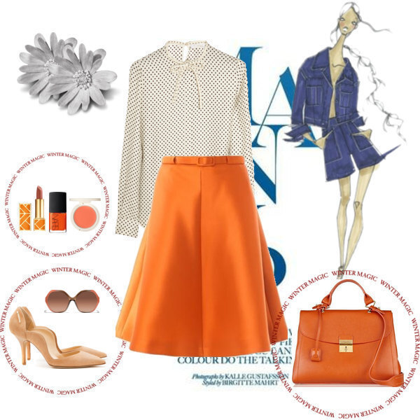 波点衬衣+橙色半裙搭配-堆糖,美好生活研究所