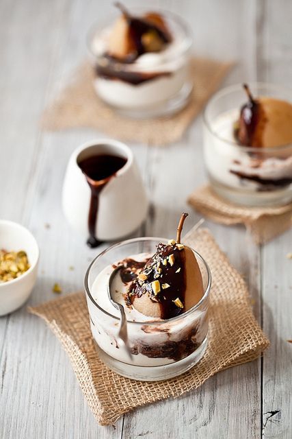 spiced poached pear with warm chocolate