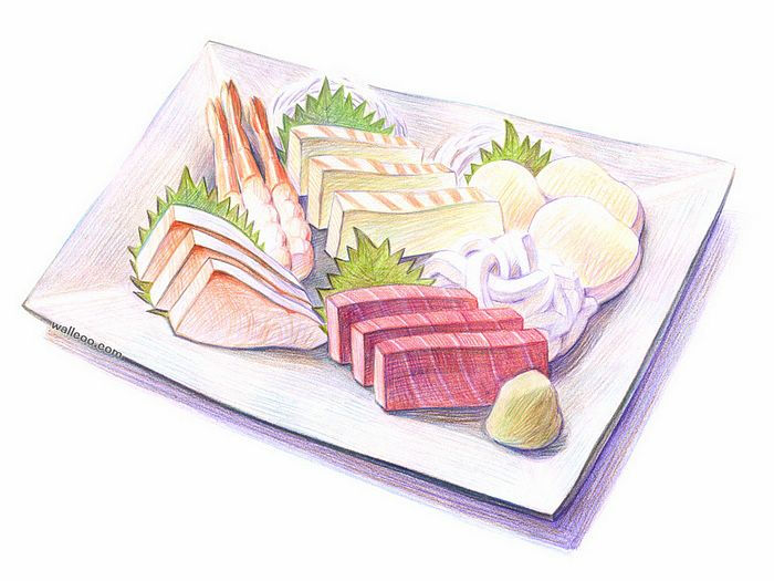 手绘美食桌布 - 食物彩色铅笔画桌面(二) - 彩色铅笔画桌布 -日本料理