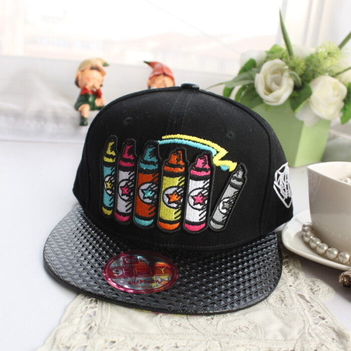 韩国春夏EXO朴灿烈同款 刺绣蜡笔图案平沿嘻