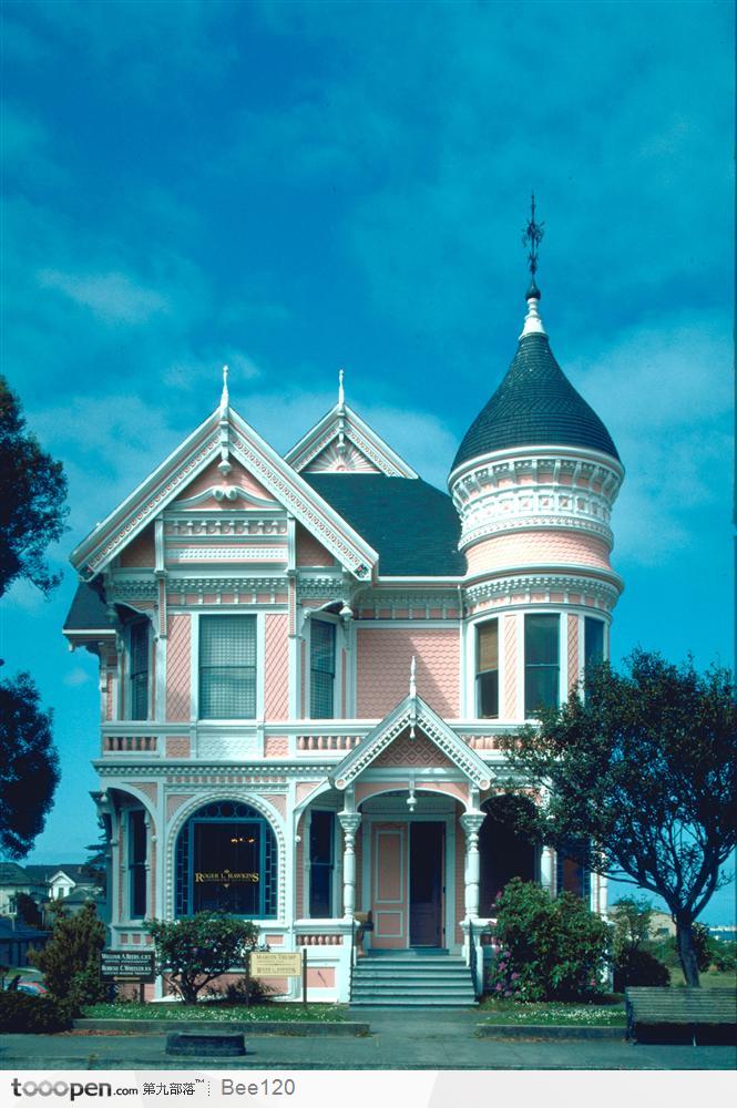 国外欧式建筑风格-粉色房屋
