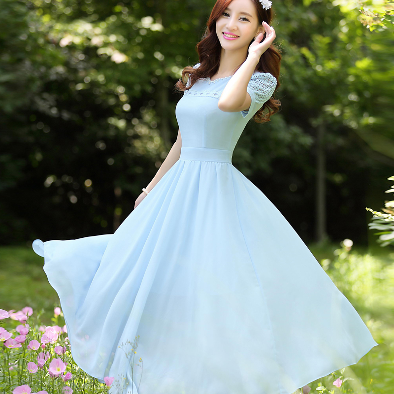 连衣裙女夏夏装甜美田园显瘦淑女雪纺裙子长裙大摆女装裙