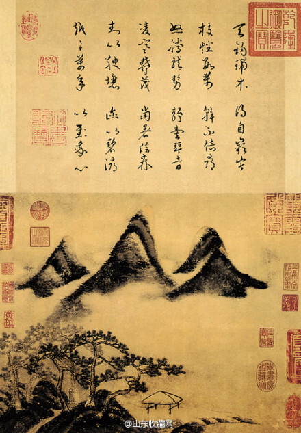 宋 米芾:与画友共赏"米家山水"作品《春山瑞松图》:画中山石树木的