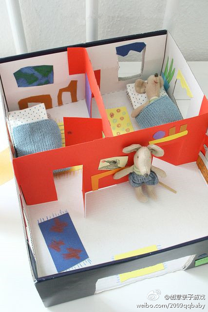小毛绒玩具的家~给毛绒玩具用鞋盒子做一个这样的家~简单又漂亮,所有