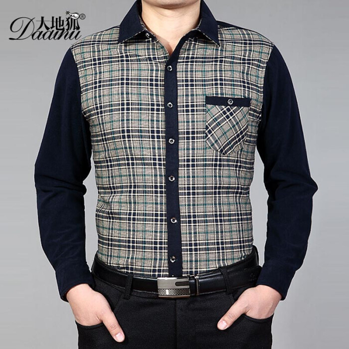 大地狐商务绅士休闲中年男棉长袖修身格子衬衫