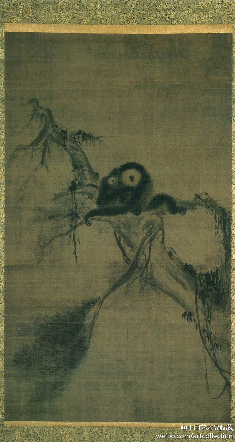 南宋 牧溪《松猿图】绢本,水墨淡彩,173.3×99.