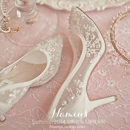 高跟婚鞋蕾丝网刺绣花朵水晶水钻白色透明性感