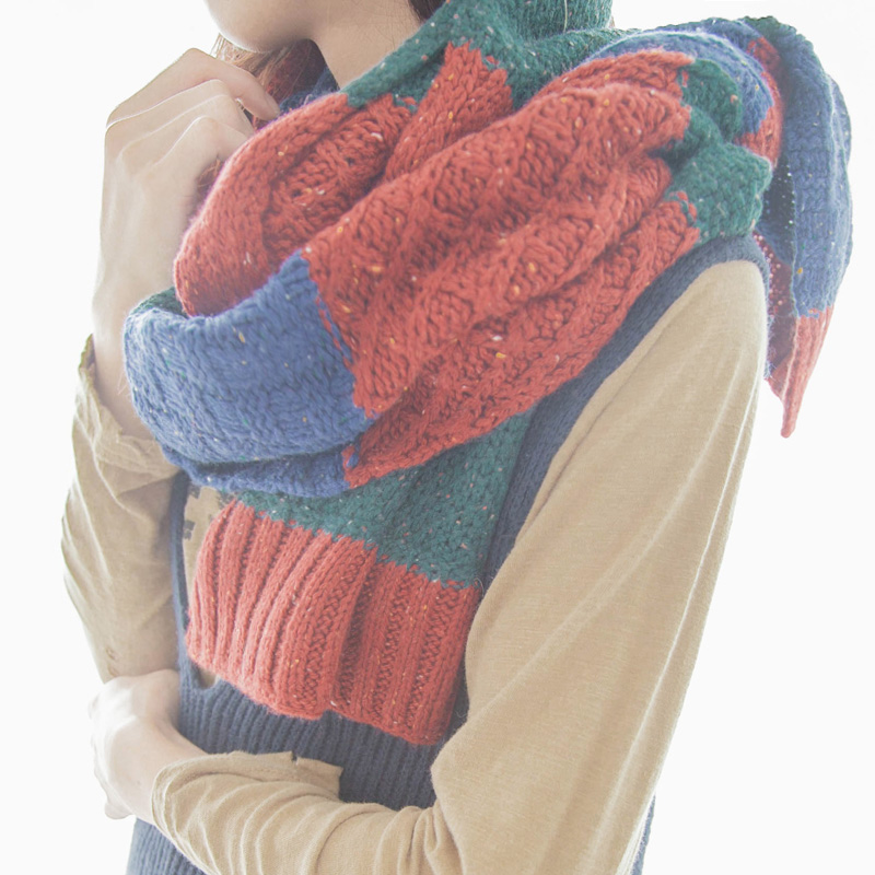 秋冬新款彩色方块毛线针织保暖围巾长款