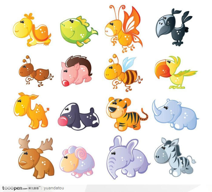 大象,马,乌龟,鱼-精美的卡通动物形象