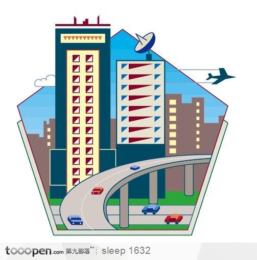 立交桥高楼飞机现代都市插画