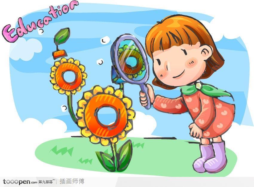 儿童生活插画-拿着放大镜看向日葵的女孩